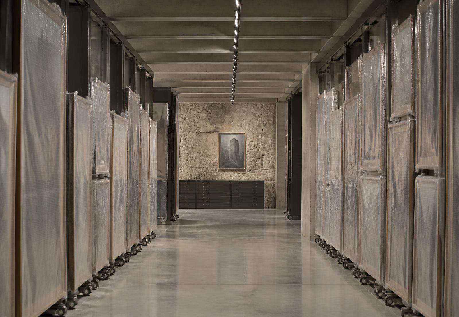 Fine art storage facility with racked works