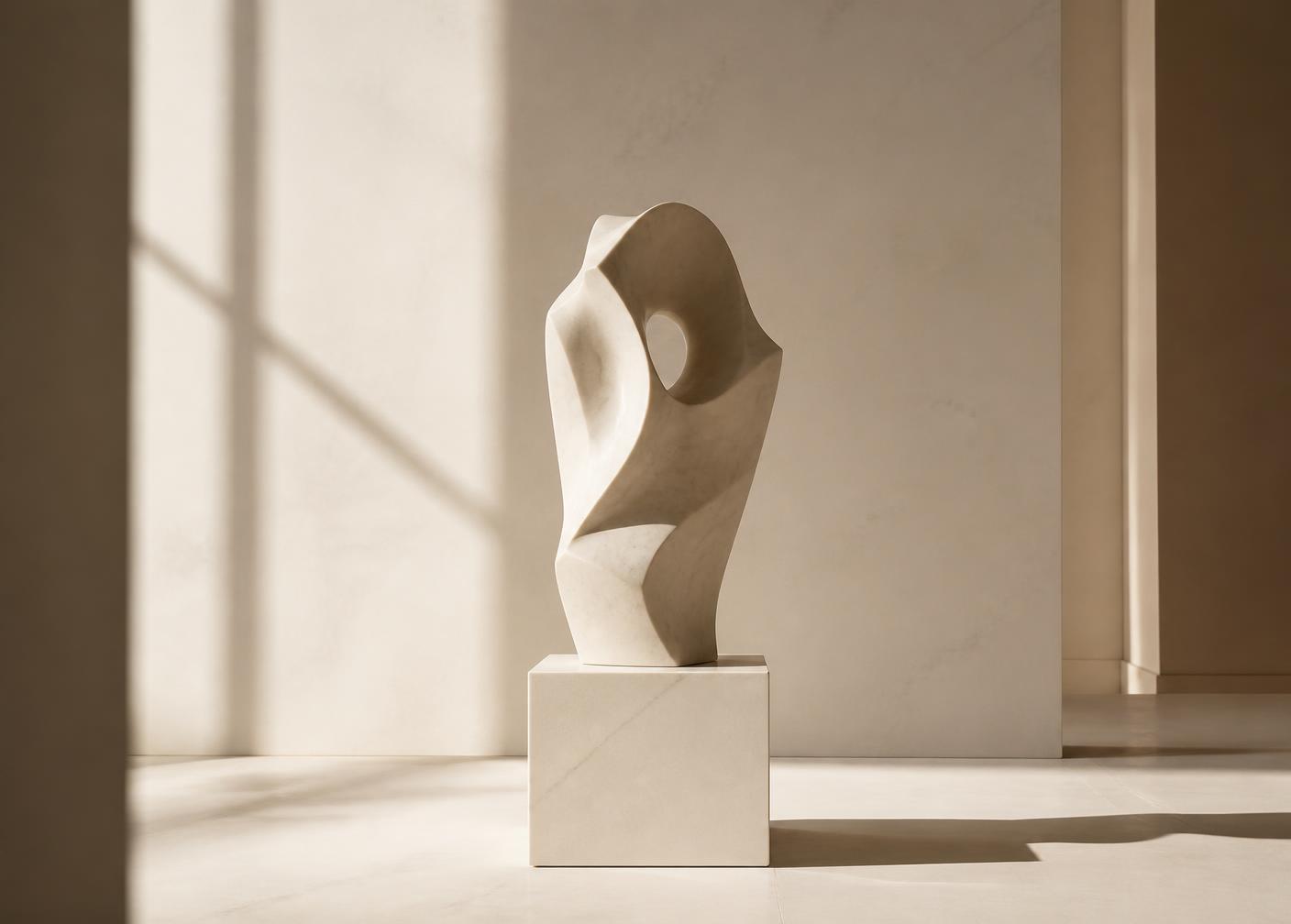 Marble sculpture on a plinth in a minimal gallery room