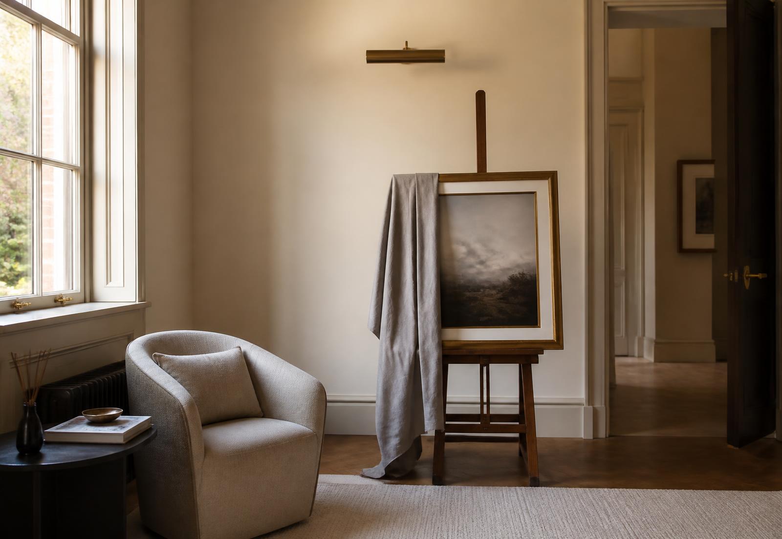 Private viewing room with a framed work on an easel